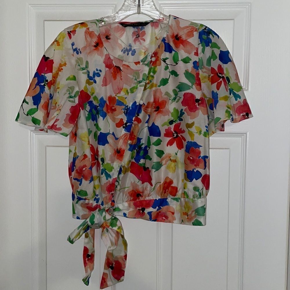 Zara Basic Collection Watercolor Floral Hip Tie Shirt